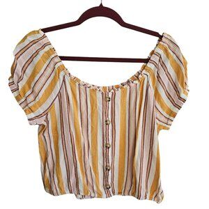 Aeropostale Top Yellow White Stripe Cropped Button Down Peasant Puff Sleeve FLAW